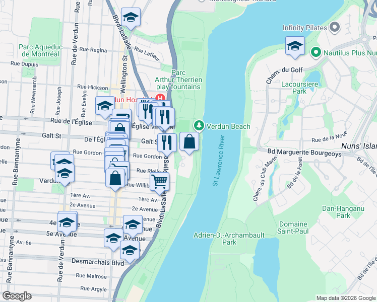 map of restaurants, bars, coffee shops, grocery stores, and more near 2 Galt Street in Montreal
