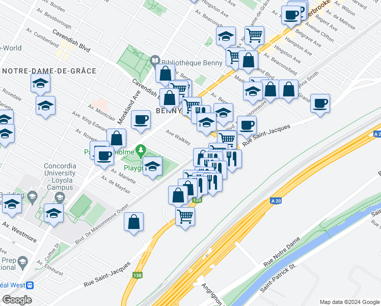 map of restaurants, bars, coffee shops, grocery stores, and more near 2335 Avenue Montclair in Montréal
