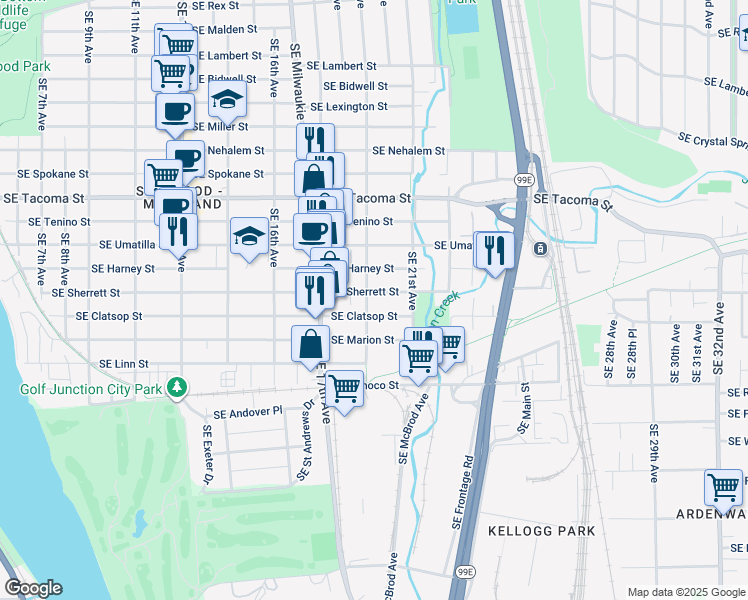 map of restaurants, bars, coffee shops, grocery stores, and more near 1920 Southeast Clatsop Street in Portland
