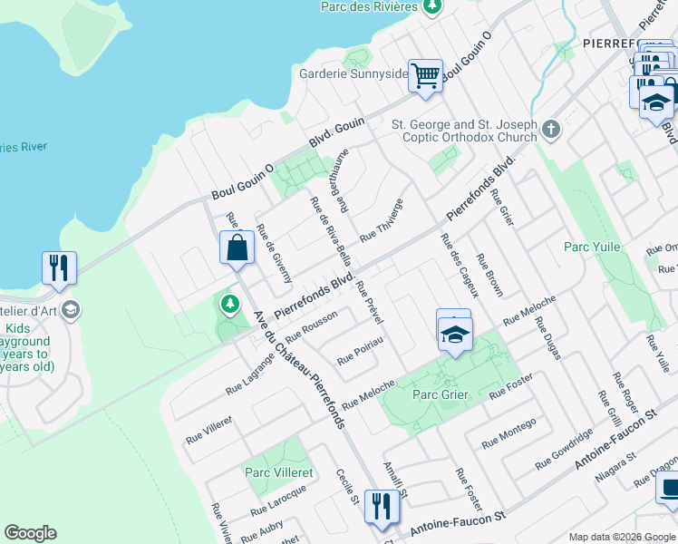 map of restaurants, bars, coffee shops, grocery stores, and more near 18055 Boulevard de Pierrefonds in Montréal