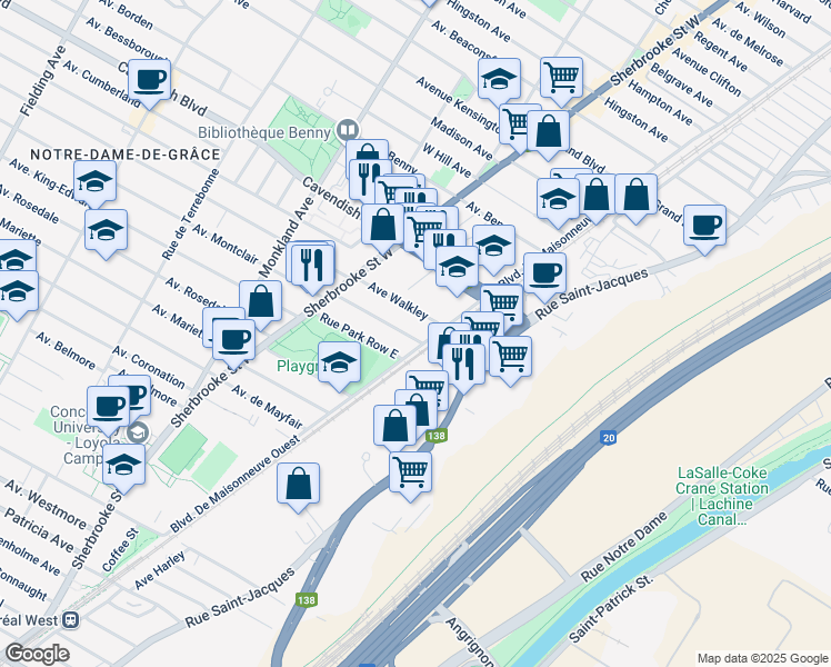 map of restaurants, bars, coffee shops, grocery stores, and more near 2349 Montclair Avenue in Montreal