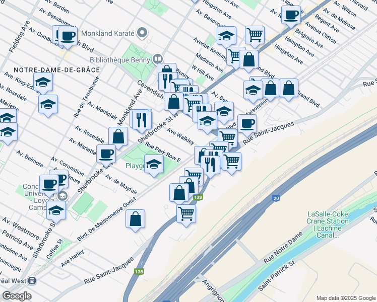 map of restaurants, bars, coffee shops, grocery stores, and more near 2345 Avenue Montclair in Montréal
