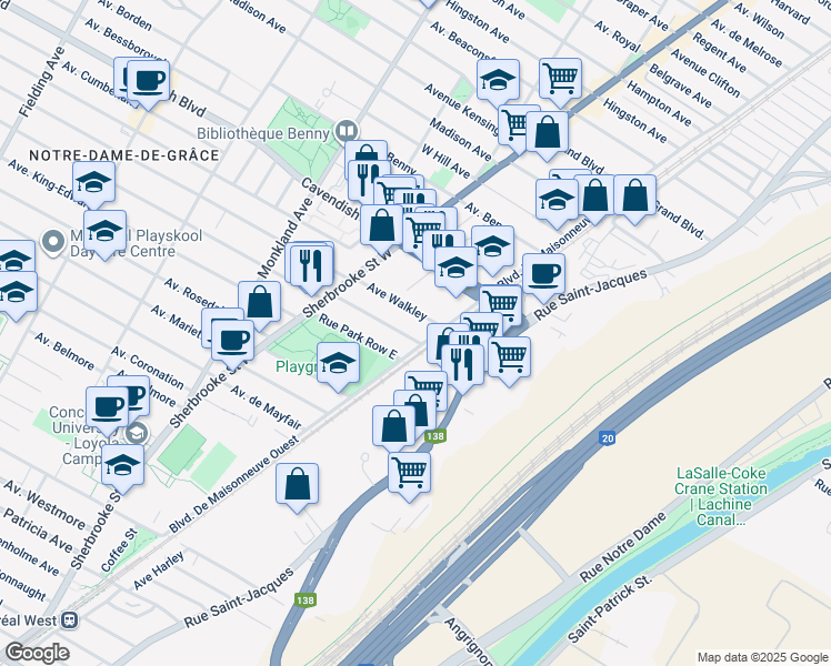 map of restaurants, bars, coffee shops, grocery stores, and more near 2349 Avenue Montclair in Montréal