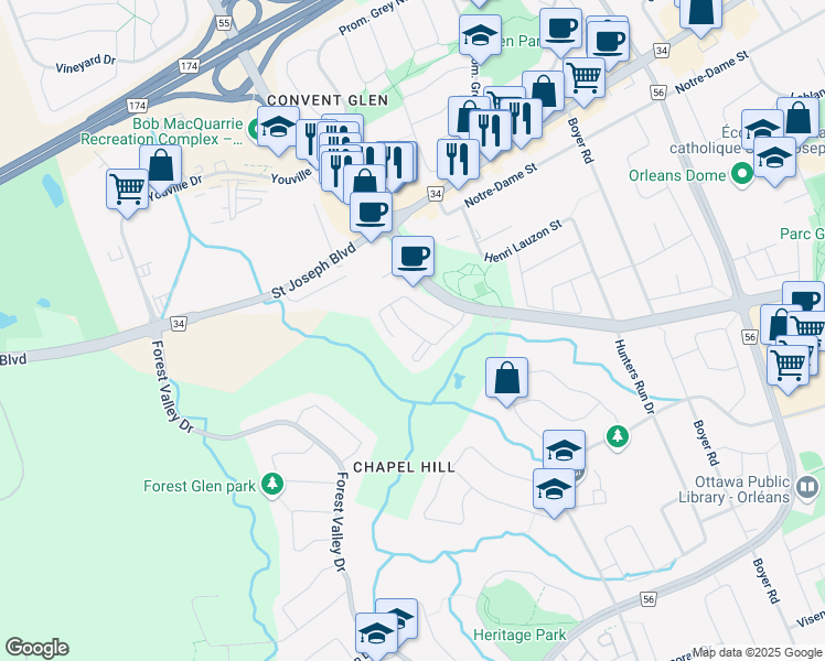 map of restaurants, bars, coffee shops, grocery stores, and more near 653 Woodcliffe Private in Ottawa