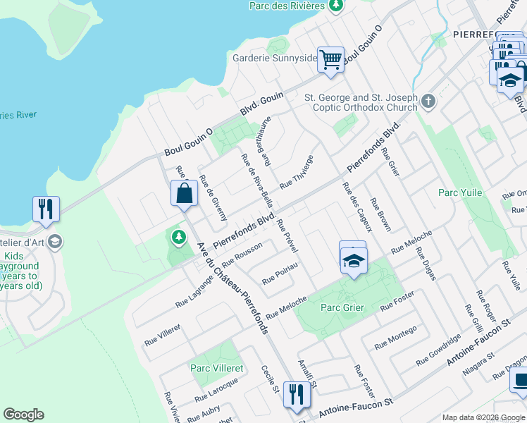 map of restaurants, bars, coffee shops, grocery stores, and more near 18045 Boulevard de Pierrefonds in Montréal