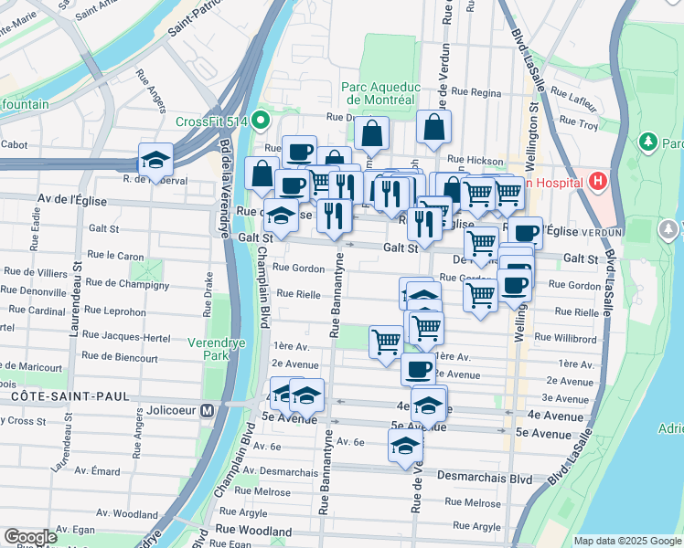 map of restaurants, bars, coffee shops, grocery stores, and more near 4300 Avenue Bannantyne in Montréal