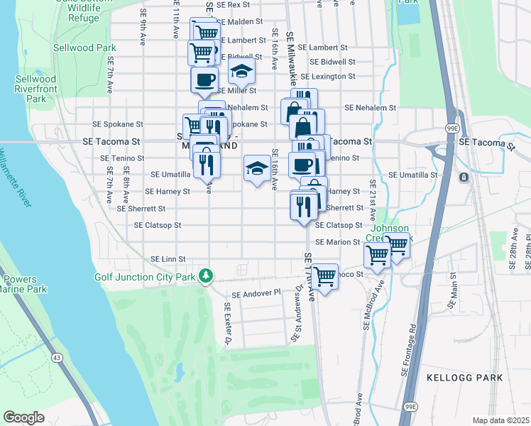 map of restaurants, bars, coffee shops, grocery stores, and more near 1566 Southeast Sherrett Street in Portland