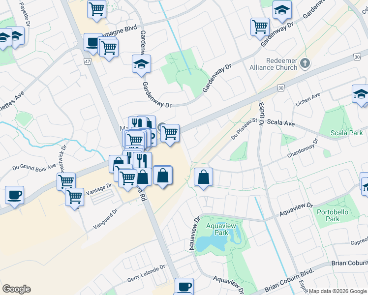map of restaurants, bars, coffee shops, grocery stores, and more near 2032 Dorima Street in Ottawa