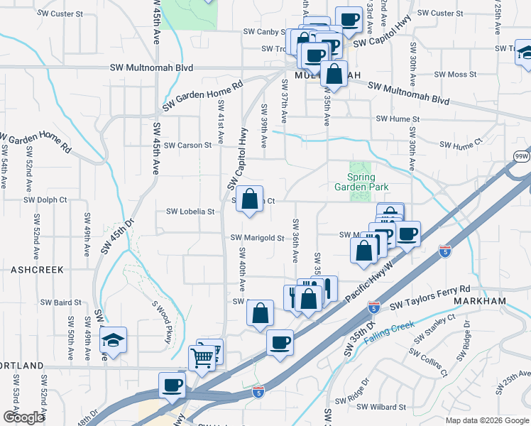 map of restaurants, bars, coffee shops, grocery stores, and more near 3827 Southwest Dolph Court in Portland