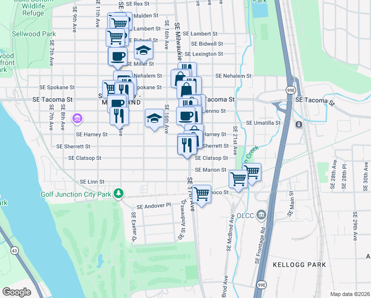 map of restaurants, bars, coffee shops, grocery stores, and more near 8517 Southeast 17th Avenue in Portland