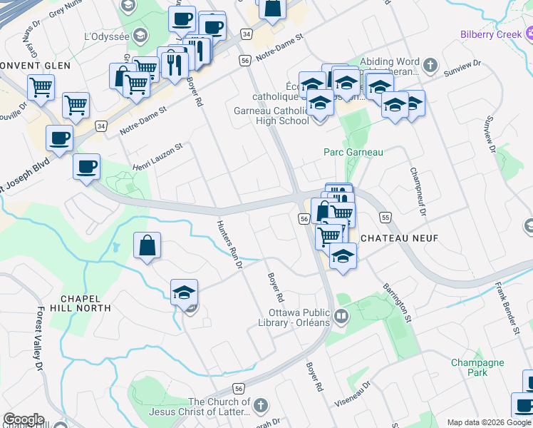 map of restaurants, bars, coffee shops, grocery stores, and more near 1463 Kamouraska Circle in Ottawa
