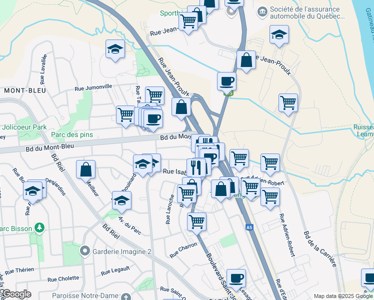 map of restaurants, bars, coffee shops, grocery stores, and more near 85 Rue Richard in Gatineau