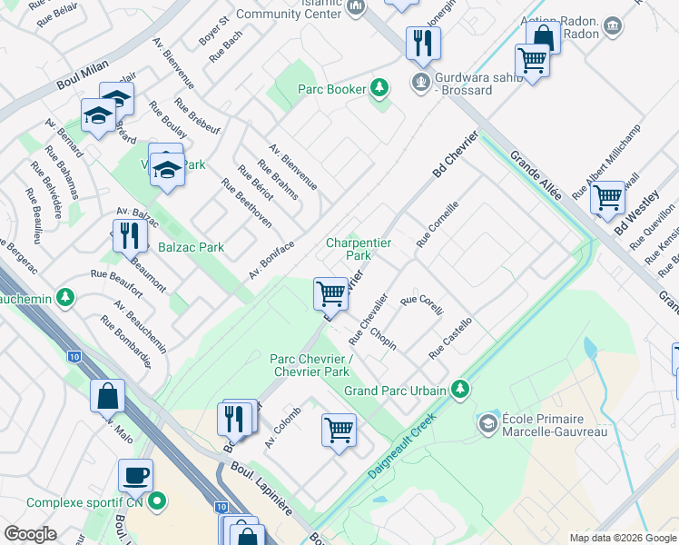 map of restaurants, bars, coffee shops, grocery stores, and more near 6255 Rue Charpentier in Brossard