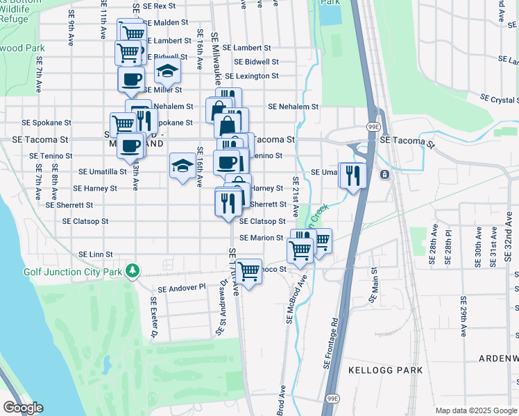 map of restaurants, bars, coffee shops, grocery stores, and more near 1746 Southeast Harney Street in Portland