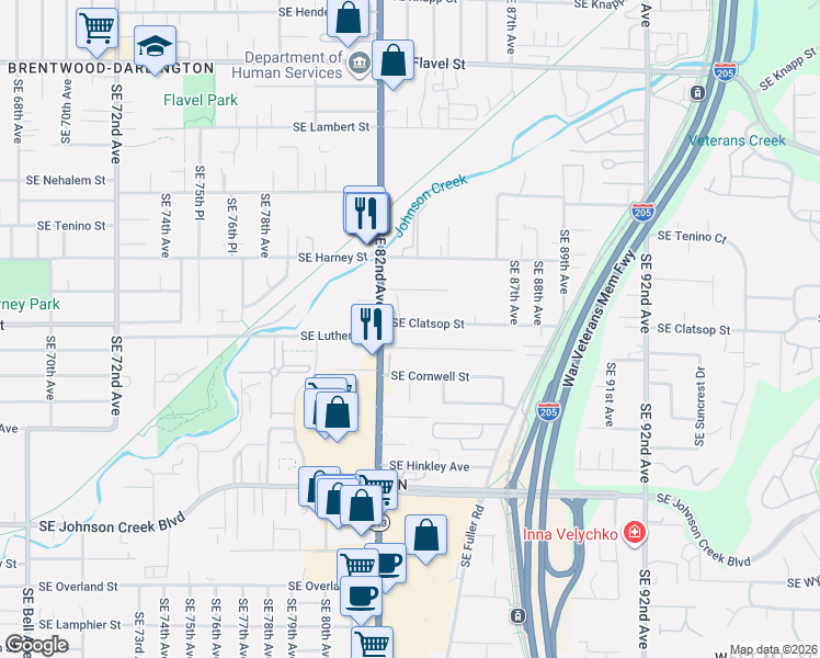 map of restaurants, bars, coffee shops, grocery stores, and more near 8536 Southeast 82nd Avenue in Portland