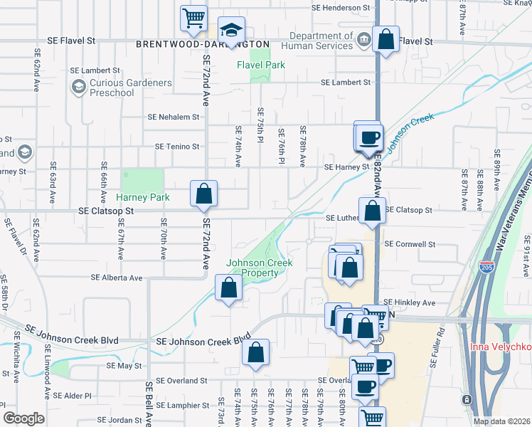 map of restaurants, bars, coffee shops, grocery stores, and more near 8516 Southeast 75th Place in Portland