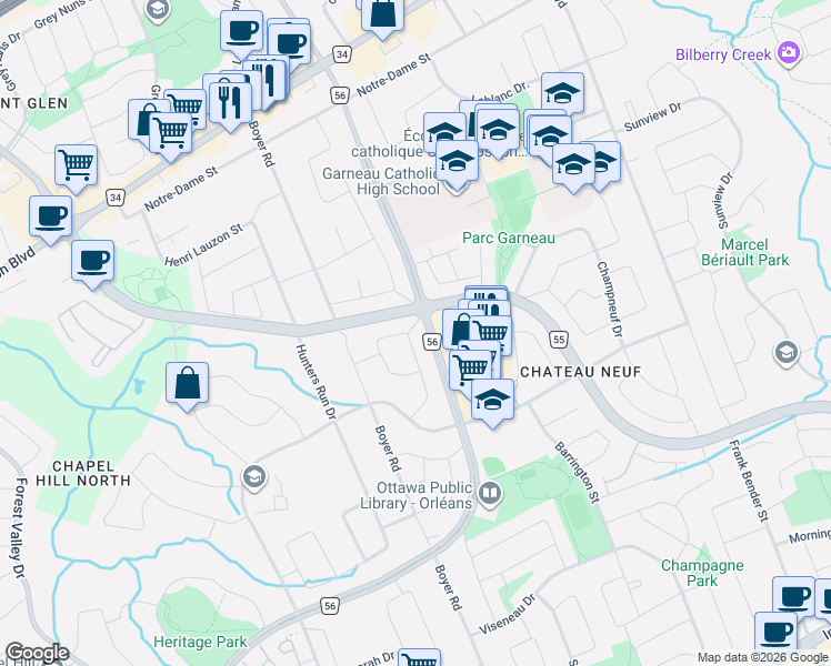 map of restaurants, bars, coffee shops, grocery stores, and more near 1487 Kamouraska Circle in Ottawa