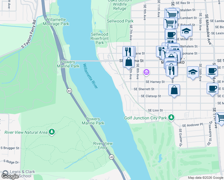 map of restaurants, bars, coffee shops, grocery stores, and more near 100 Southeast Harney Street in Portland