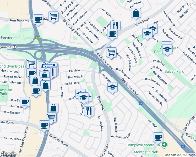 map of restaurants, bars, coffee shops, grocery stores, and more near 3060 Rue Michel in Brossard