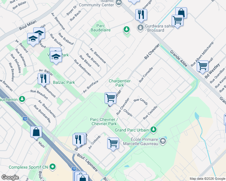 map of restaurants, bars, coffee shops, grocery stores, and more near 6255 Rue Charpentier in Brossard