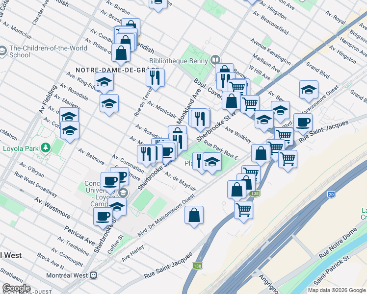 map of restaurants, bars, coffee shops, grocery stores, and more near 6841 Rue Sherbrooke Ouest in Montréal