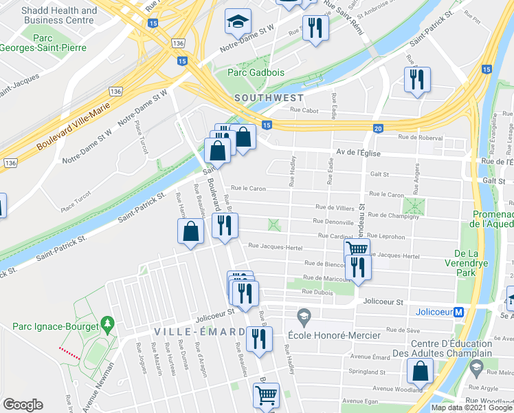 map of restaurants, bars, coffee shops, grocery stores, and more near 2230 Rue de Villiers in Montréal