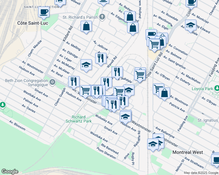 map of restaurants, bars, coffee shops, grocery stores, and more near 5550 Avenue Trent in Côte Saint-Luc
