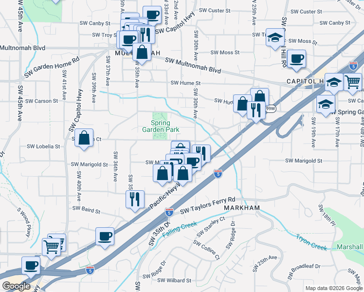 map of restaurants, bars, coffee shops, grocery stores, and more near 3107 Southwest Dolph Court in Portland