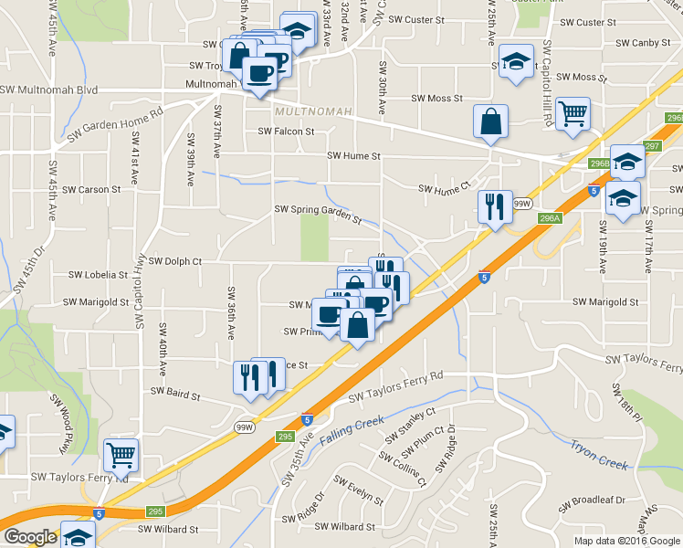 map of restaurants, bars, coffee shops, grocery stores, and more near 3107 Southwest Dolph Court in Portland