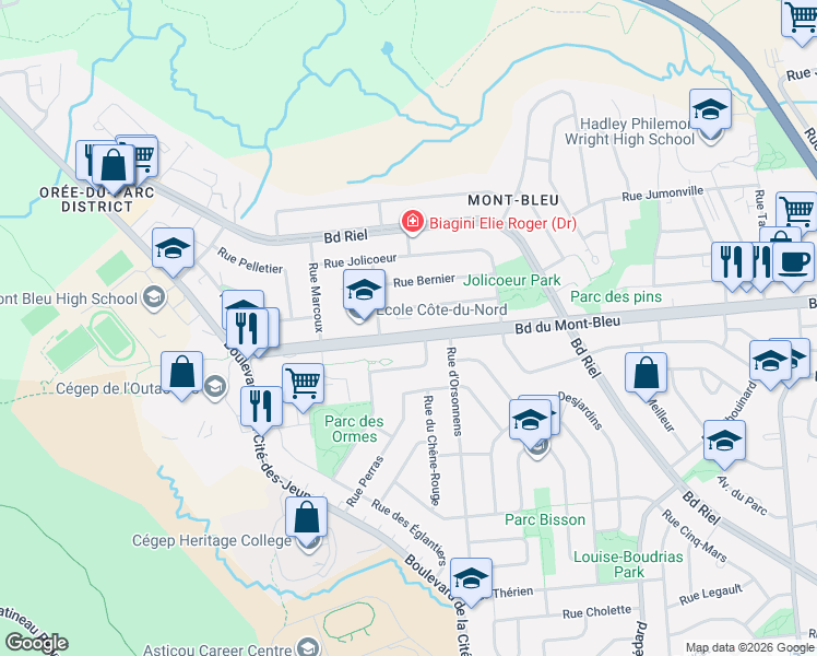 map of restaurants, bars, coffee shops, grocery stores, and more near 160 Boulevard du Mont-Bleu in Gatineau