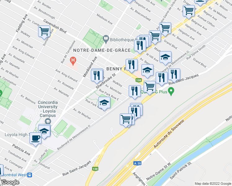 map of restaurants, bars, coffee shops, grocery stores, and more near 2442 Avenue Montclair in Montréal