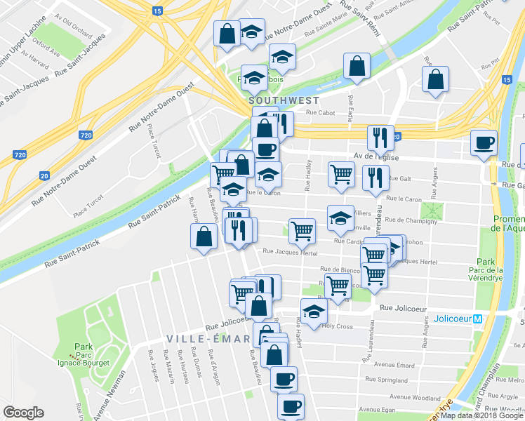 map of restaurants, bars, coffee shops, grocery stores, and more near 2276 Rue de Villiers in Montréal
