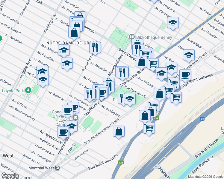 map of restaurants, bars, coffee shops, grocery stores, and more near 6841 Rue Sherbrooke Ouest in Montréal