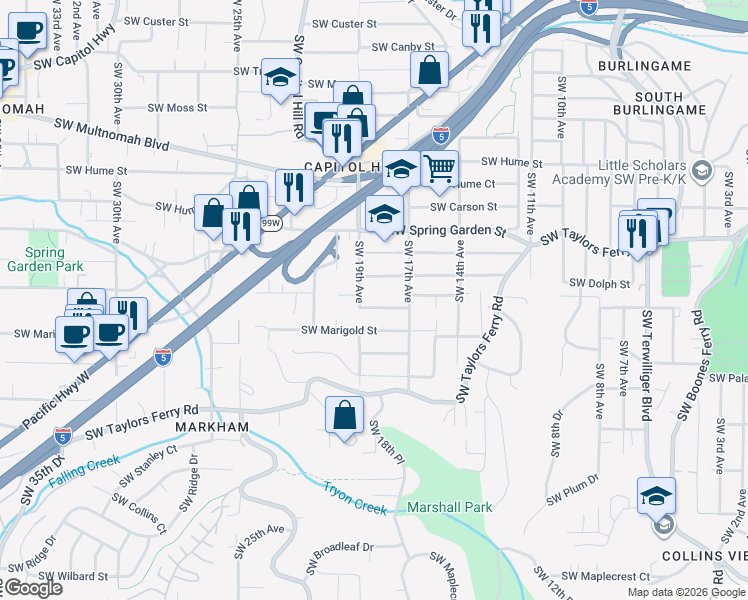 map of restaurants, bars, coffee shops, grocery stores, and more near 1829 Southwest Lobelia Street in Portland