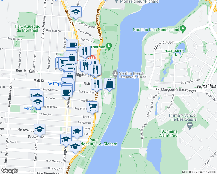 map of restaurants, bars, coffee shops, grocery stores, and more near 2 Rue Galt in Montréal
