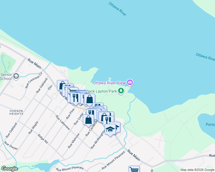 map of restaurants, bars, coffee shops, grocery stores, and more near 16 Rue Wharf in Hudson