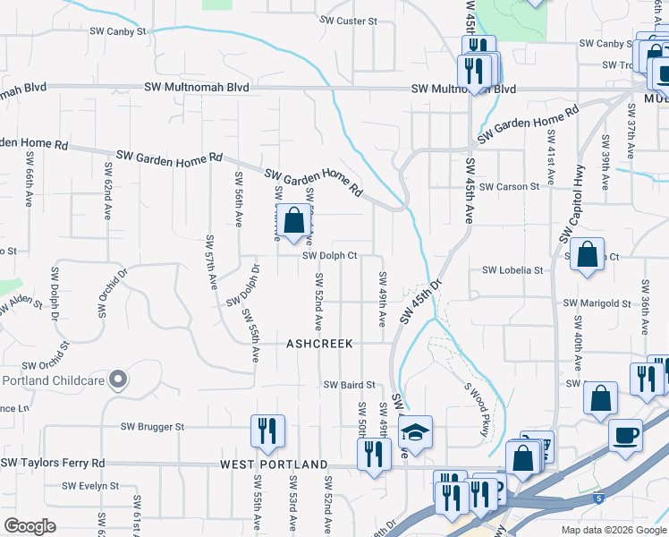 map of restaurants, bars, coffee shops, grocery stores, and more near 8823 Southwest 51st Avenue in Portland