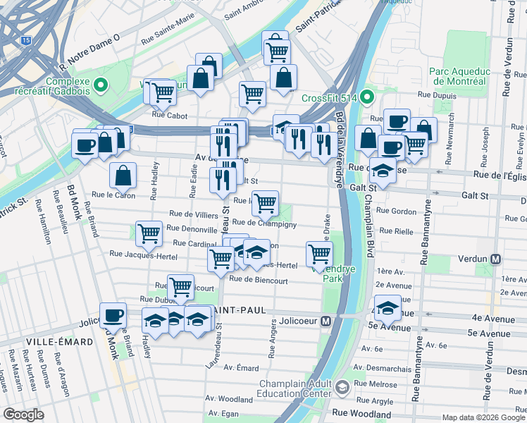 map of restaurants, bars, coffee shops, grocery stores, and more near 5679 Rue Brisset in Montréal
