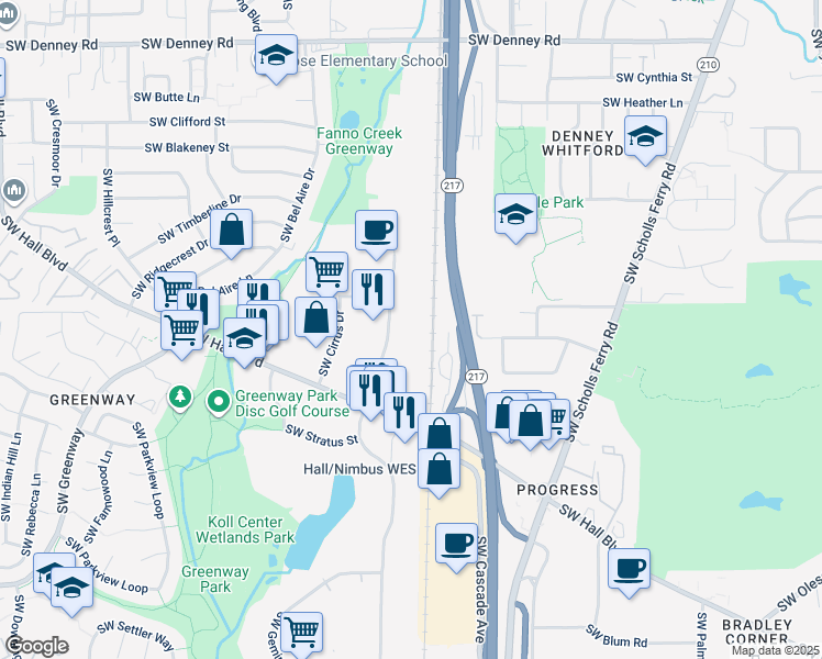 map of restaurants, bars, coffee shops, grocery stores, and more near 7870 Southwest Nimbus Avenue in Beaverton