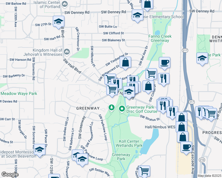 map of restaurants, bars, coffee shops, grocery stores, and more near SW Hall Blvd & SW Greenway Blvd in Beaverton