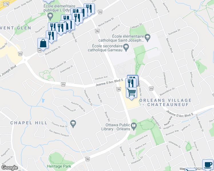 map of restaurants, bars, coffee shops, grocery stores, and more near 1471 Kamouraska Circle in Ottawa