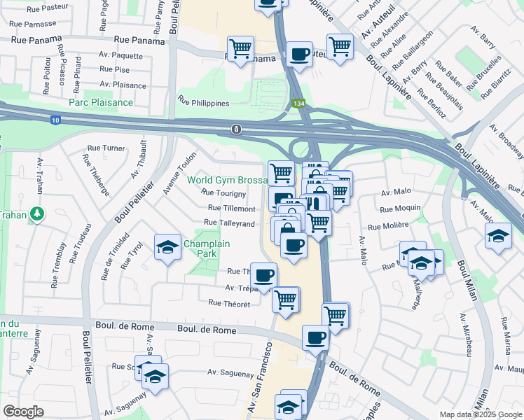 map of restaurants, bars, coffee shops, grocery stores, and more near 1875 Rue Tillemont in Brossard
