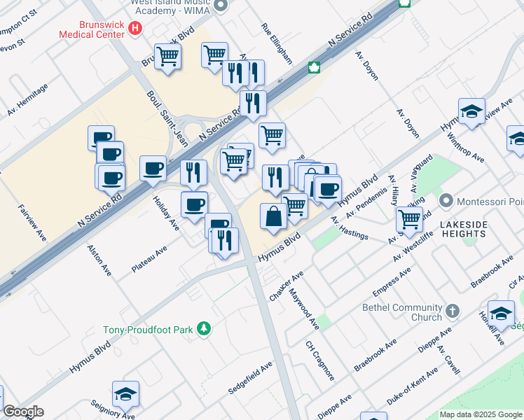 map of restaurants, bars, coffee shops, grocery stores, and more near 195 Boulevard Hymus in Pointe-Claire