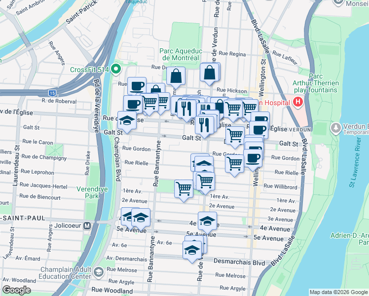 map of restaurants, bars, coffee shops, grocery stores, and more near 735 Rue Gordon in Montréal
