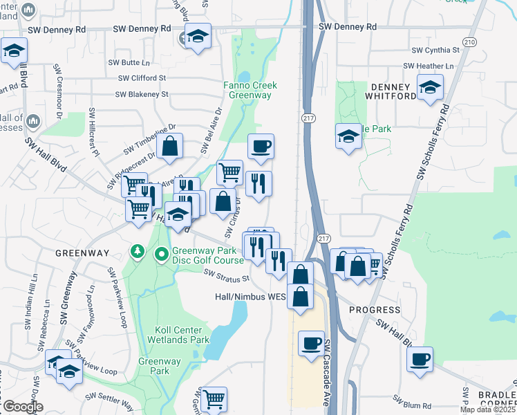 map of restaurants, bars, coffee shops, grocery stores, and more near 7870 Southwest Nimbus Avenue in Beaverton