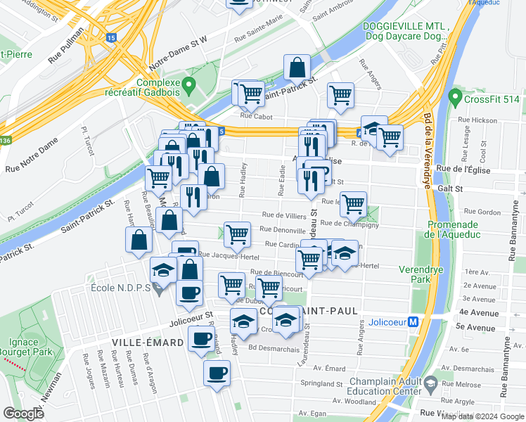 map of restaurants, bars, coffee shops, grocery stores, and more near 1985 Rue de Villiers in Montréal