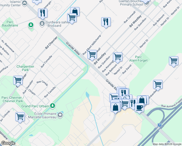 map of restaurants, bars, coffee shops, grocery stores, and more near 6925 Rue du Chardonneret in Brossard