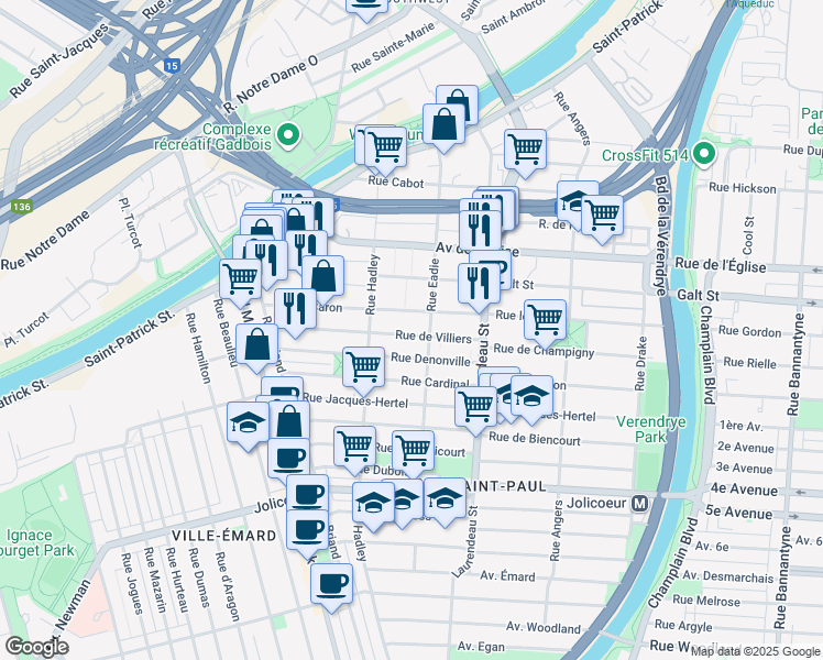 map of restaurants, bars, coffee shops, grocery stores, and more near in Montreal