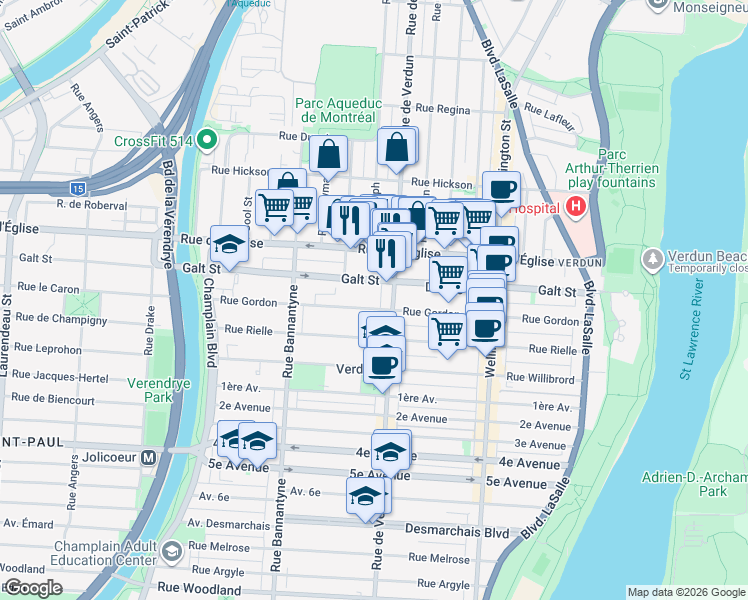 map of restaurants, bars, coffee shops, grocery stores, and more near 645 Rue Gordon in Montréal