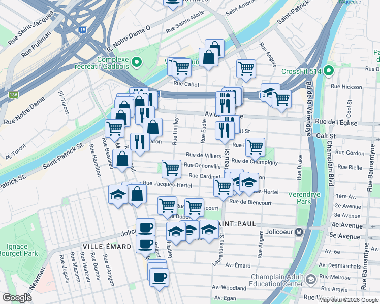 map of restaurants, bars, coffee shops, grocery stores, and more near 1985 Rue de Villiers in Montréal